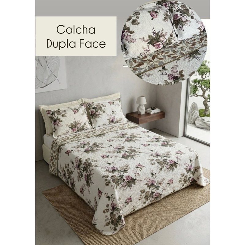 Kit Colcha Cobre Leito casal Queem Estampado, Dupla Face, 3 peças, Matelado  - (Queen)