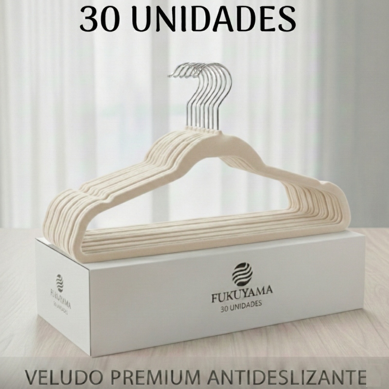 KIT 30 CABIDES DE VELUDO BEGE FUKUYAMA Antideslizante Slim Com Gancho Giratório 360°