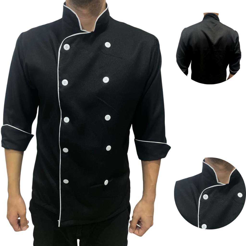Dolma Chef de Cozinha Oxford UNISSEX manga longa 7/8 preto com vivo branco