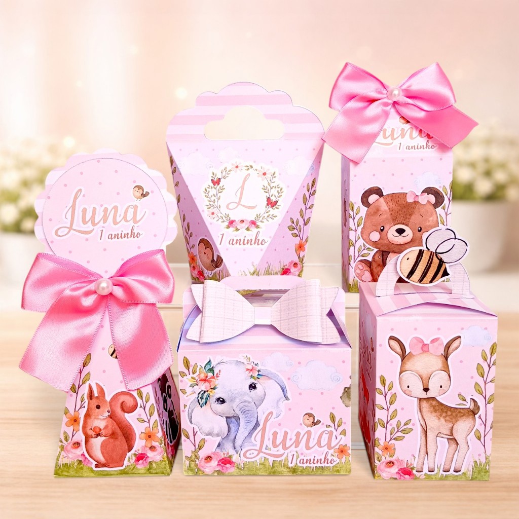 Kit Festa Bosque Encantado Safari Rosa - Caixinhas personalizadas Lembrancinhas para Aniversário