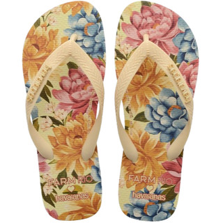 ORIGINAL! Chinelos Havaianas Farm Floral Rebeca Creme Bege Com Logomarca Em Plaquinha Metálica Dourada