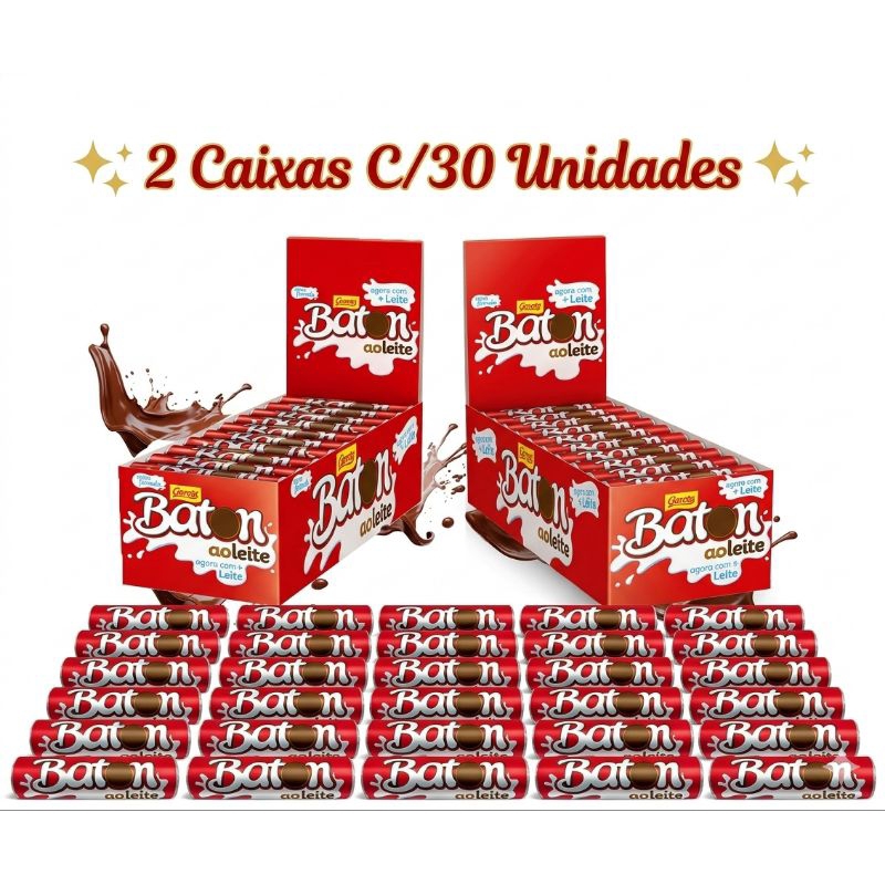 Kit Chocolate Baton ao Leite Garoto - 2 Caixas Fechadas c/ 30un cada - 60 Unidades
