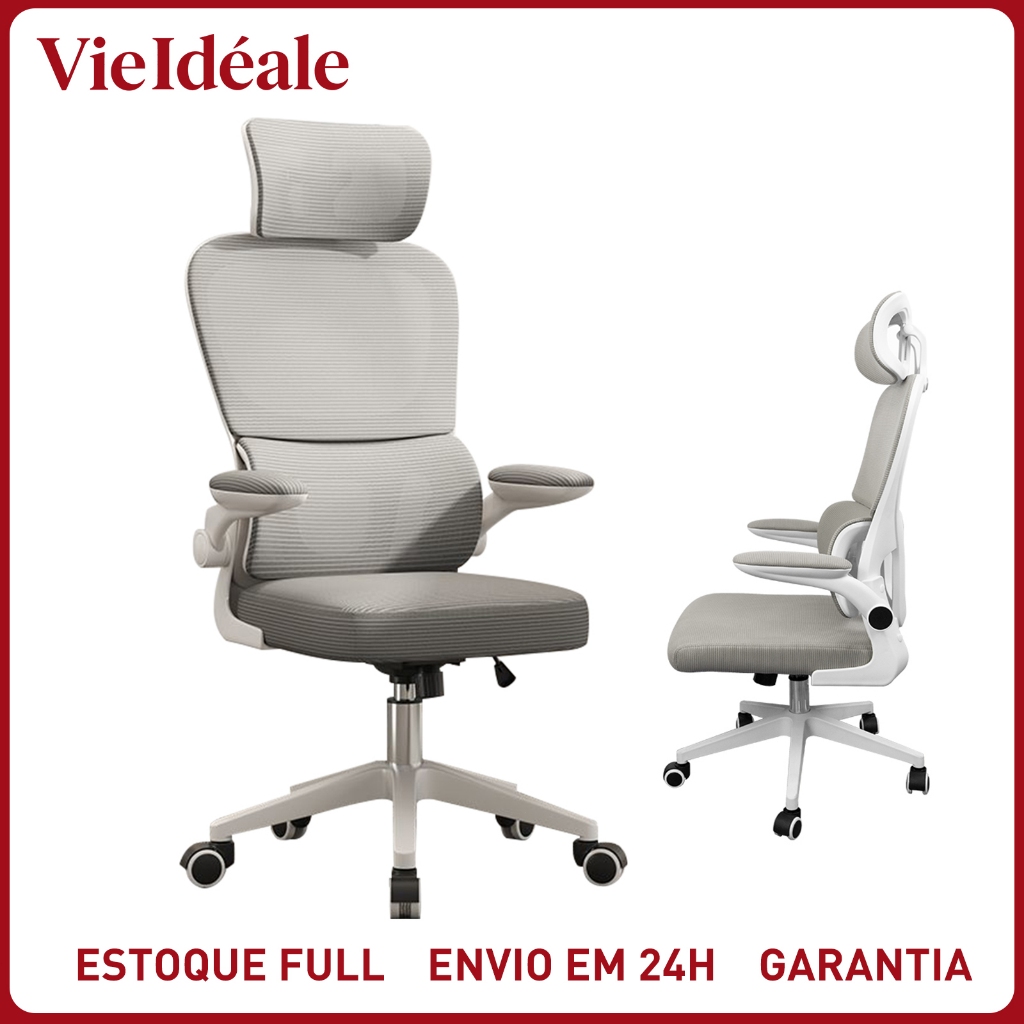 Cadeira de Escritório Ergonômica Com Apoio Lombar e Apoio de Cabeça Cinza com estofado de mesh
