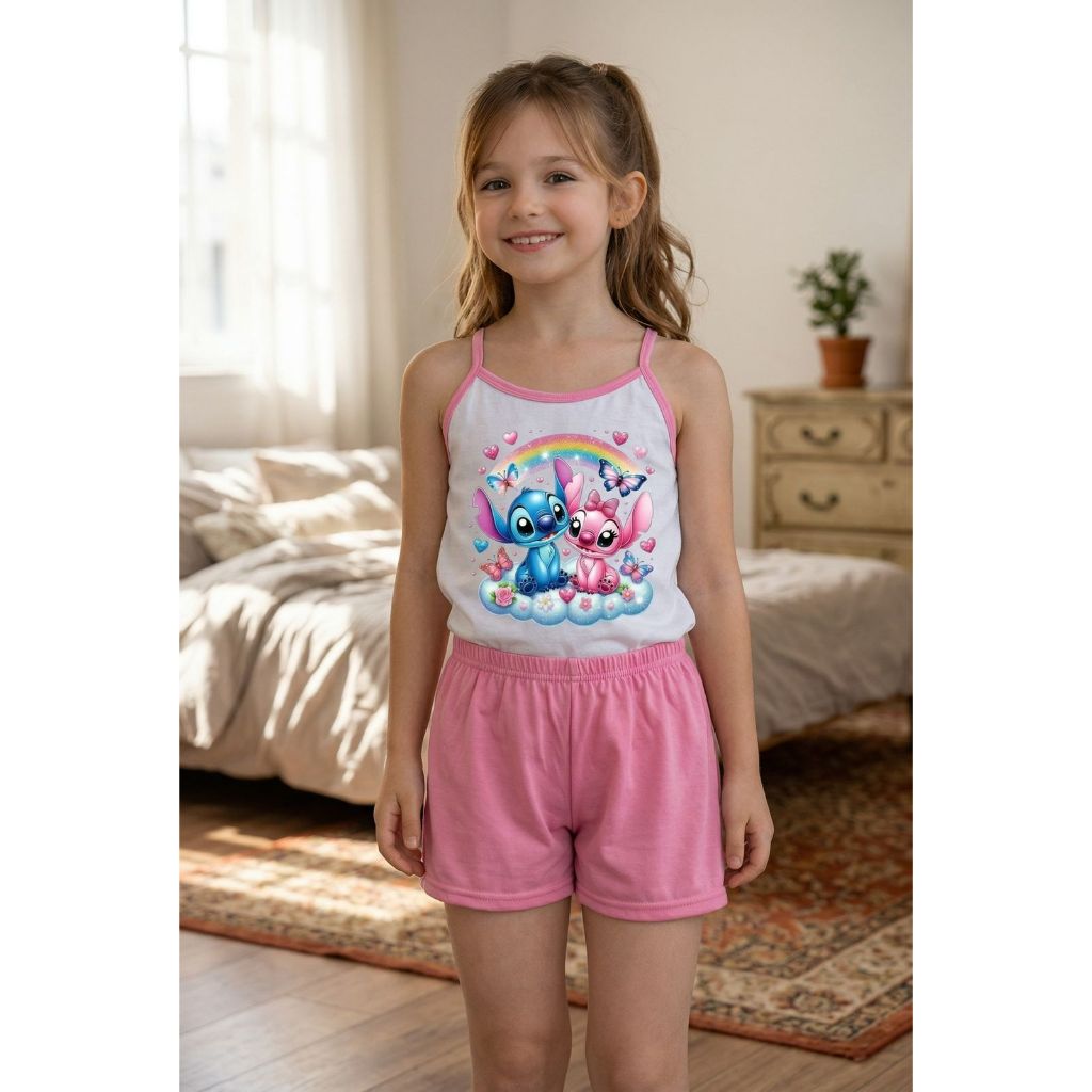 Pijama short doll infantil feminino de alça stitch baby doll personagens alcinha criança verão