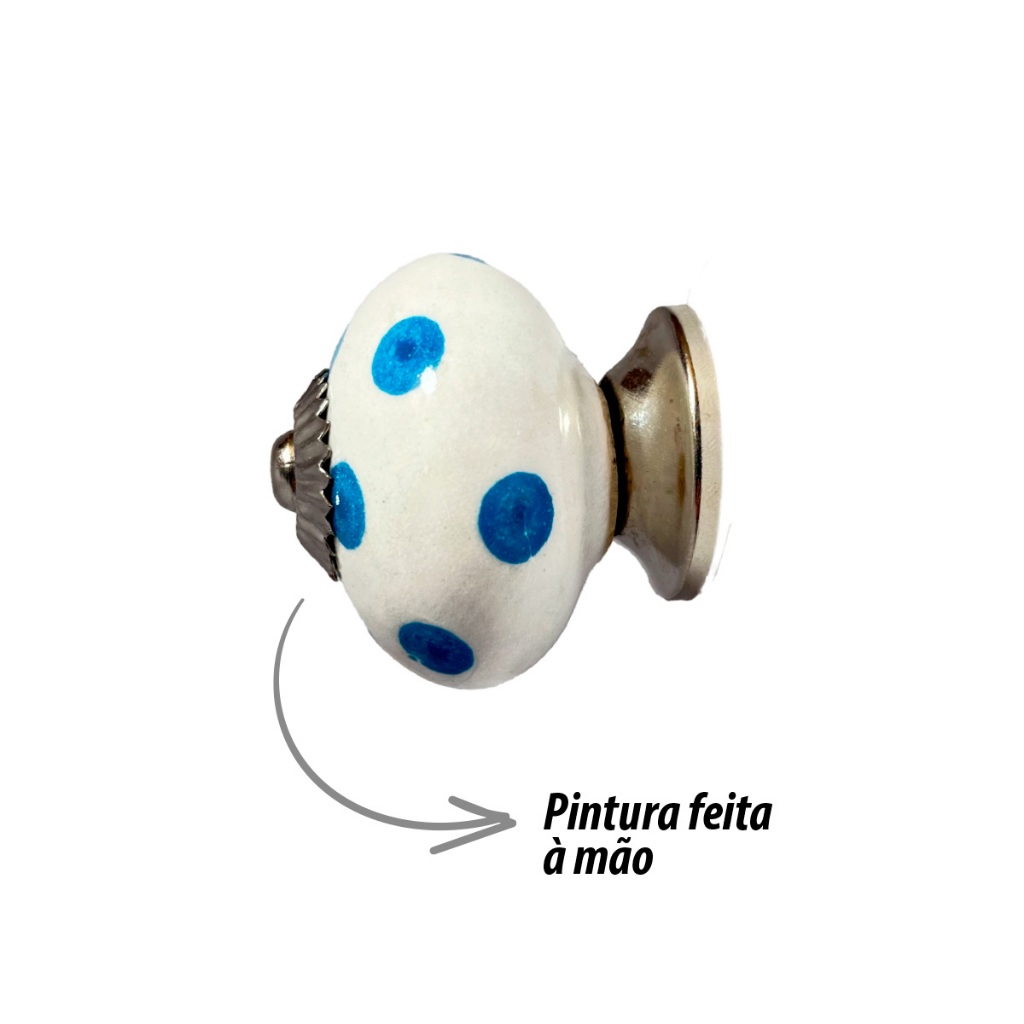 Puxador Gaveta Redondo Branco Azul Soft Poá Vintage Cerâmica Metal Quarto Cômoda Guarda Roupa