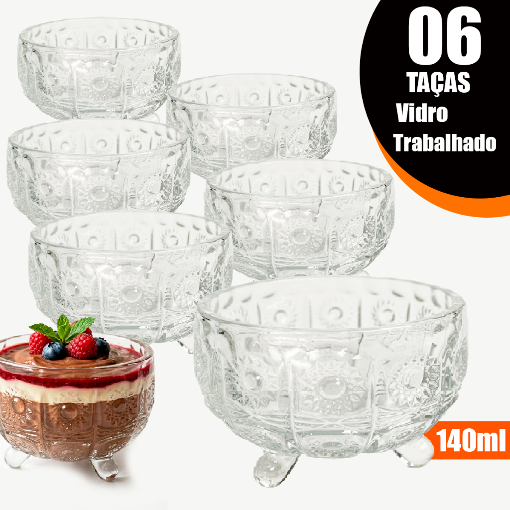 kit jogo conjunto 6 Taças Sobremesa de vidro Vintage Resistente Rawan 140ml taça Elegante