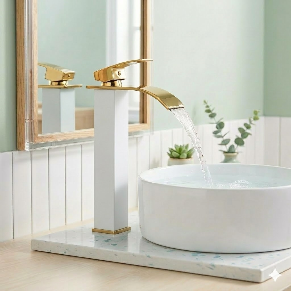 Torneira Monocomando Cascata Baixa para Banheiro Branco Dourado Yesop