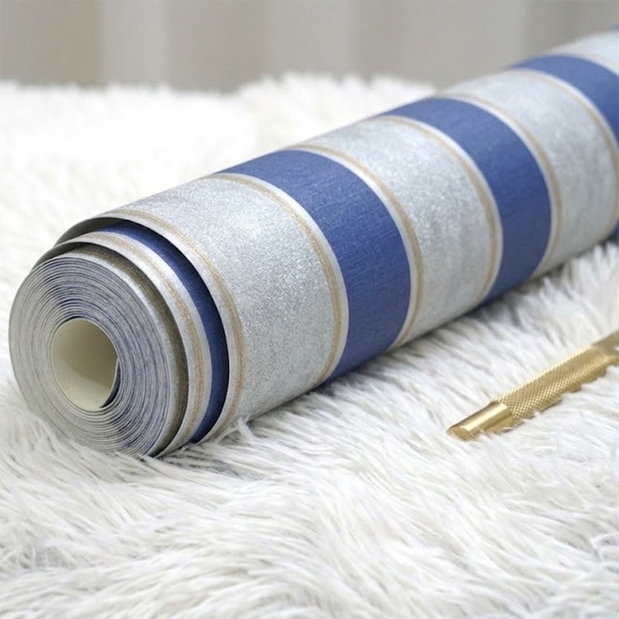 Papel de Parede Importado Textura Relevo Listrado Azul Cinza Dourado - Rolo 10m x 53cm (5,3m²) - Cola Inclusa - 321009