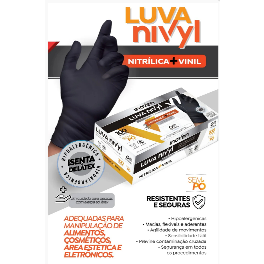 Luva Nitrílica + Vinil Preta Descartável Sem Pó Resistente 100 Unidades
