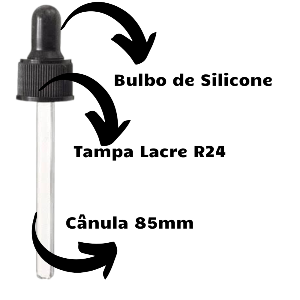 Conta Gotas Rosca R24, Cânula 85mm, Bulbo E Tampa Preta ou Branca - 20 Unidades