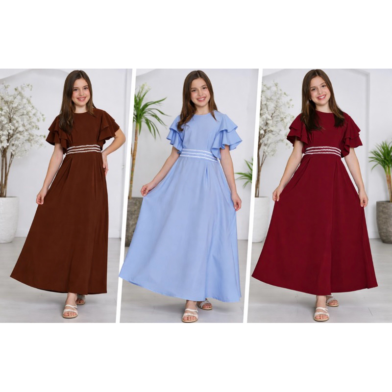 Vestido Longo Juvenil Manga Dupla com renda na cintura Lançamento Verão Liso