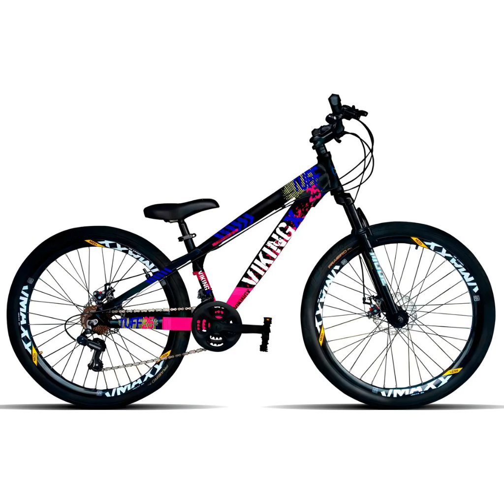 Bicicleta Vikingx preto rosa com cambio Shimano e aro Vmaxx pra GRAU