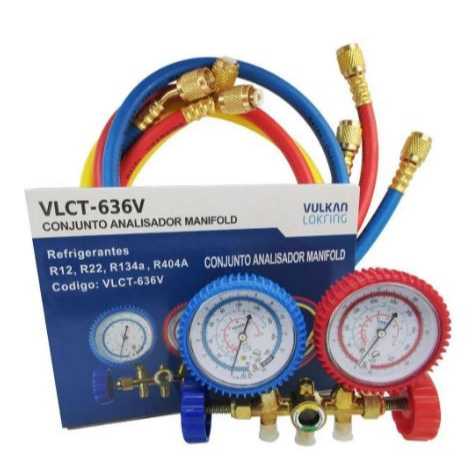 CJ Manifold Analógico Vulkan VLCT-636V Completo C/Mangueiras - Alta Precisão para Gases R12/R22/R134A/R404A Refrigeração