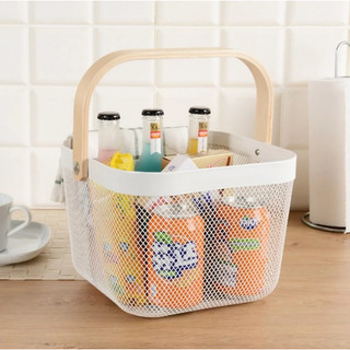 Cesto Fruteira Organizador Aramada com Alça de Bambu Organizador Multiuso Decorativo Moderno