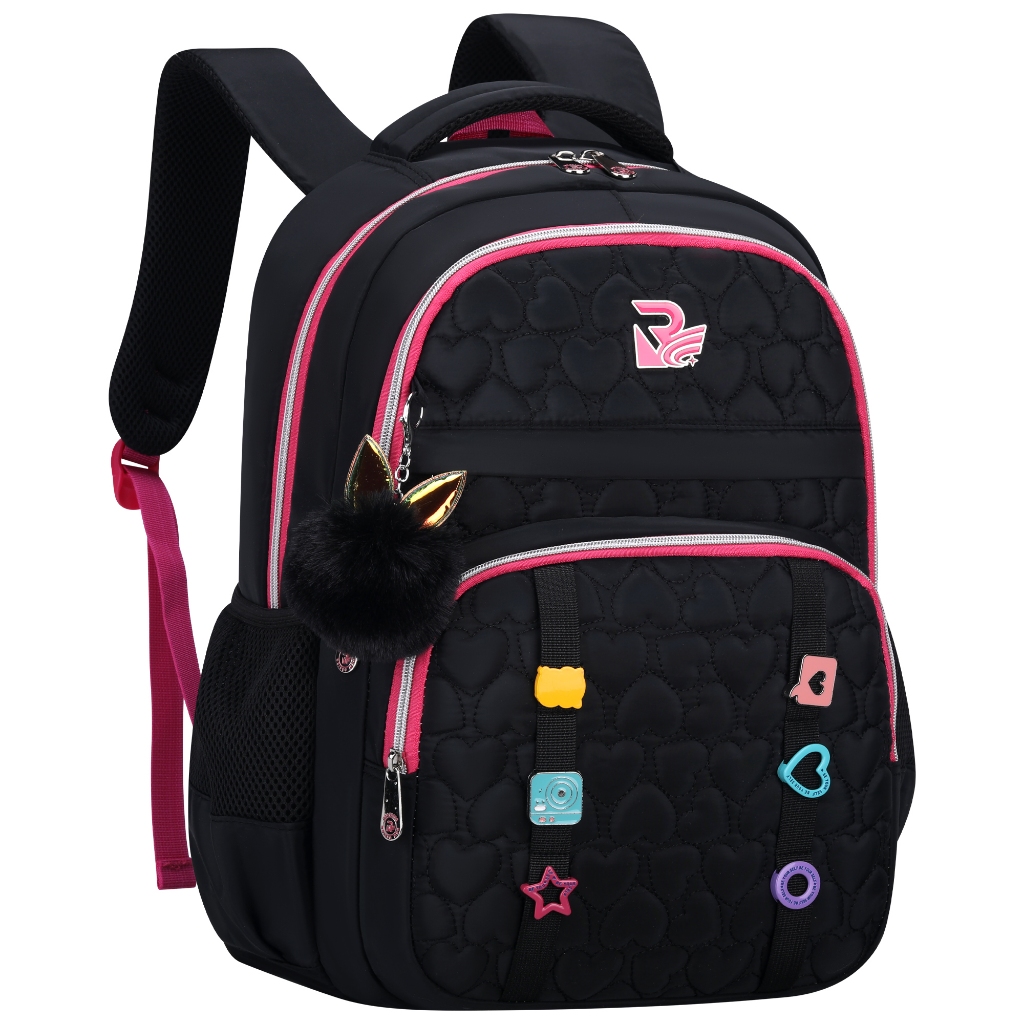 Mochila Escolar Infantil Feminina Cute com Pompom Grande Leve Resistente Estampa Coração Bolsa Escolar Menina