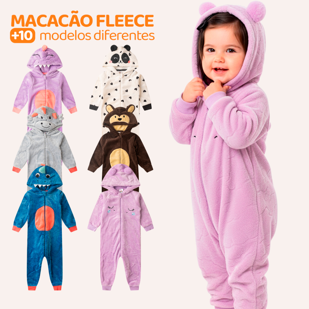Pijama Macacão Bebê Menina em Fleece Temático Unicórnio ,Dinossauro, Panda, Urso – Super Quentinho e Confortável! L11