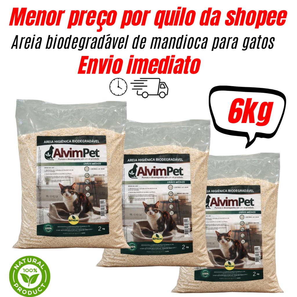 Areia para Gatos Biodegradável 6kg (3×2kg)  Base de Mandioca AlvimPet– Econômica