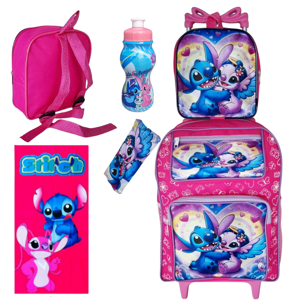 Mochila Feminina Escolar Stitch Rosa com Rodinhas Kit Lancheira Squize Estojo Toalhinha Meninas