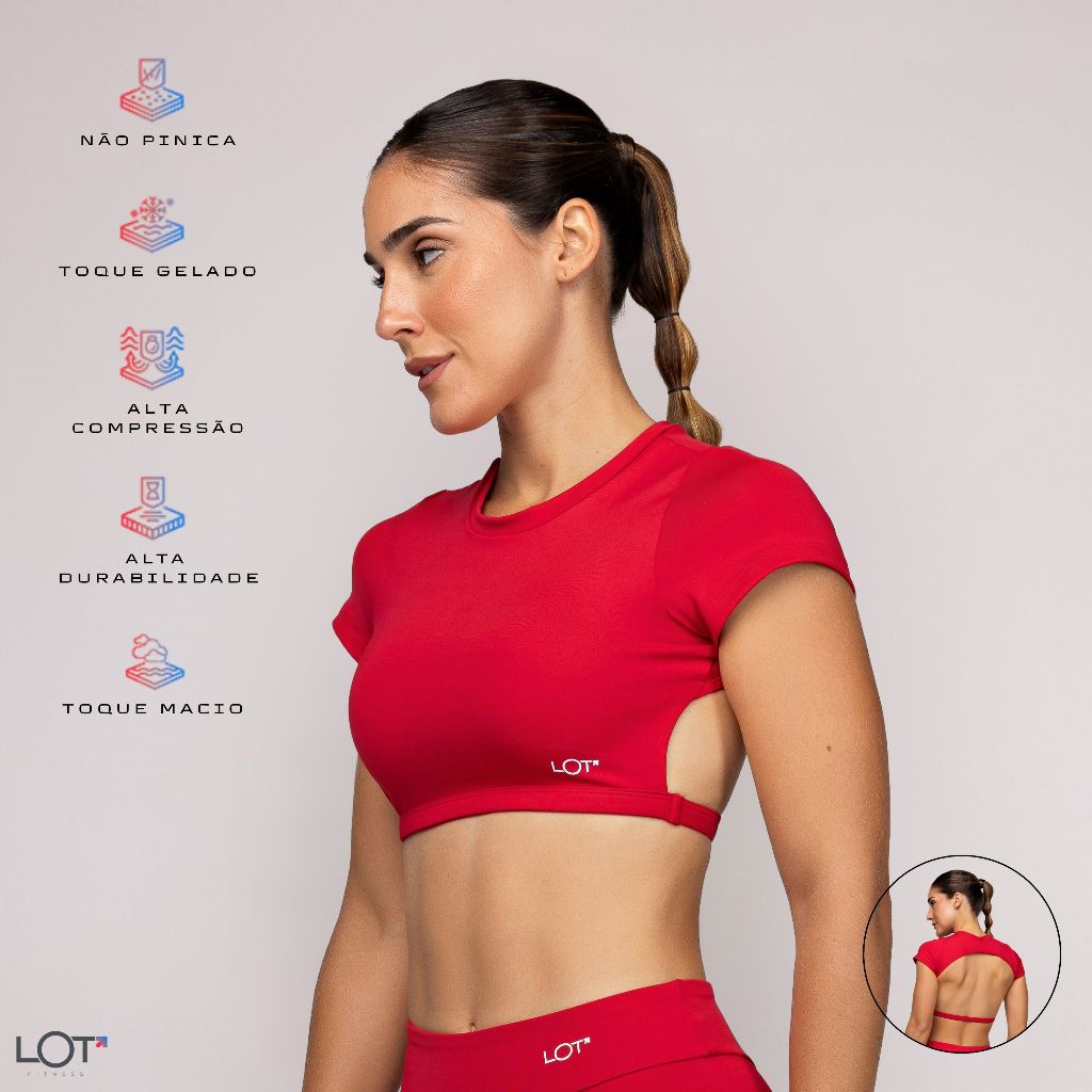 Top Poliamida com Manga Curta Costas Abertas Academia Fitness Feminina Corrida E