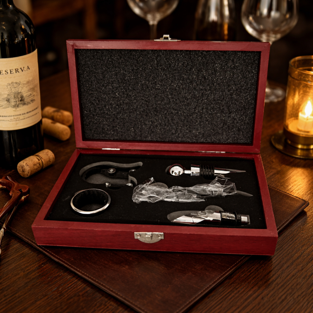 Kit Acessórios para Vinho com Estojo de Madeira Luxo 5 Peças