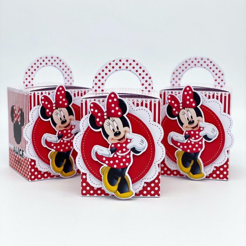 Kit 10 Unidades Caixa Alça Minnie Vermelha Luxo Personalizada Nome - Papel Fotográfico Brilho