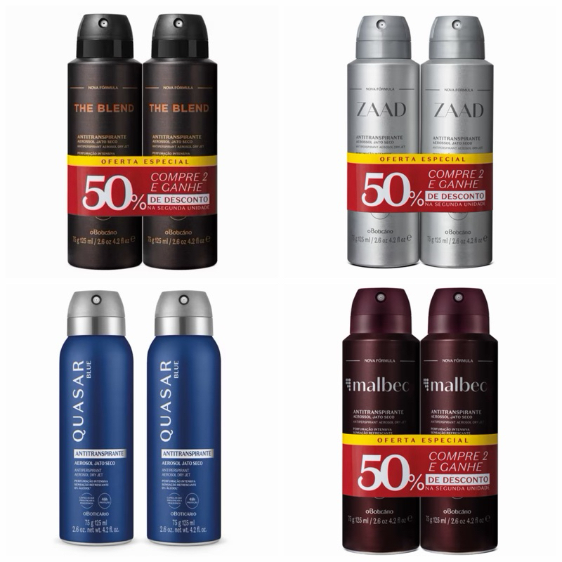 Kit Desosorante Antitranspirante Aerossol Masculino (2 Unidades) Malbec, Zaad, Quasar Blue e The Blend