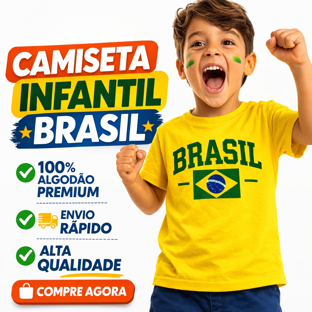 Camiseta Infantil Brasil 100% Algodão Menino Blusa Copa do Mundo Juvenil