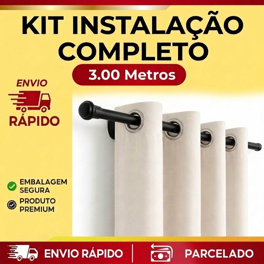Kit Varão Cortina 3,00 Metros 19mm Completo Varias Cores Disponíveis Simples e Resistente