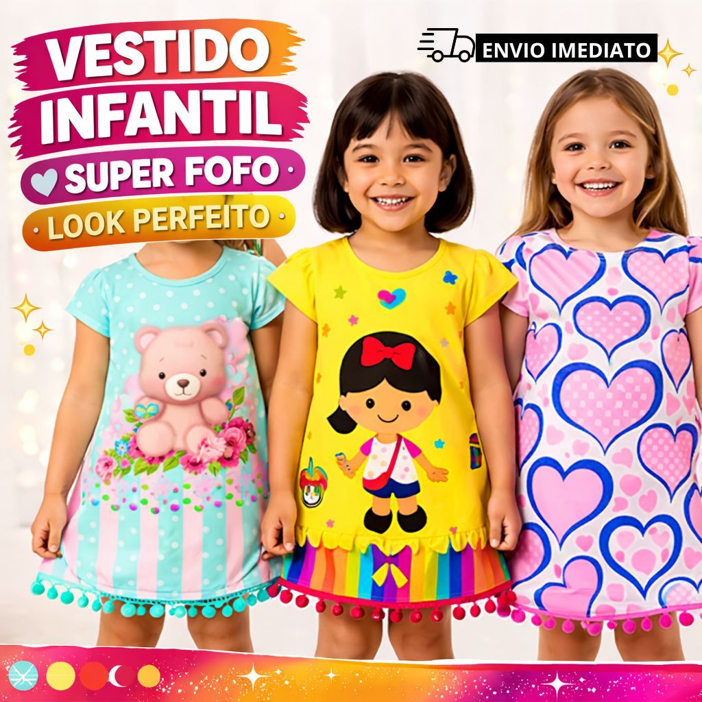 Vestido Infantil Menina Roupa Infantil Feminina Vestido Fofo Casual 4 e 6 Anos