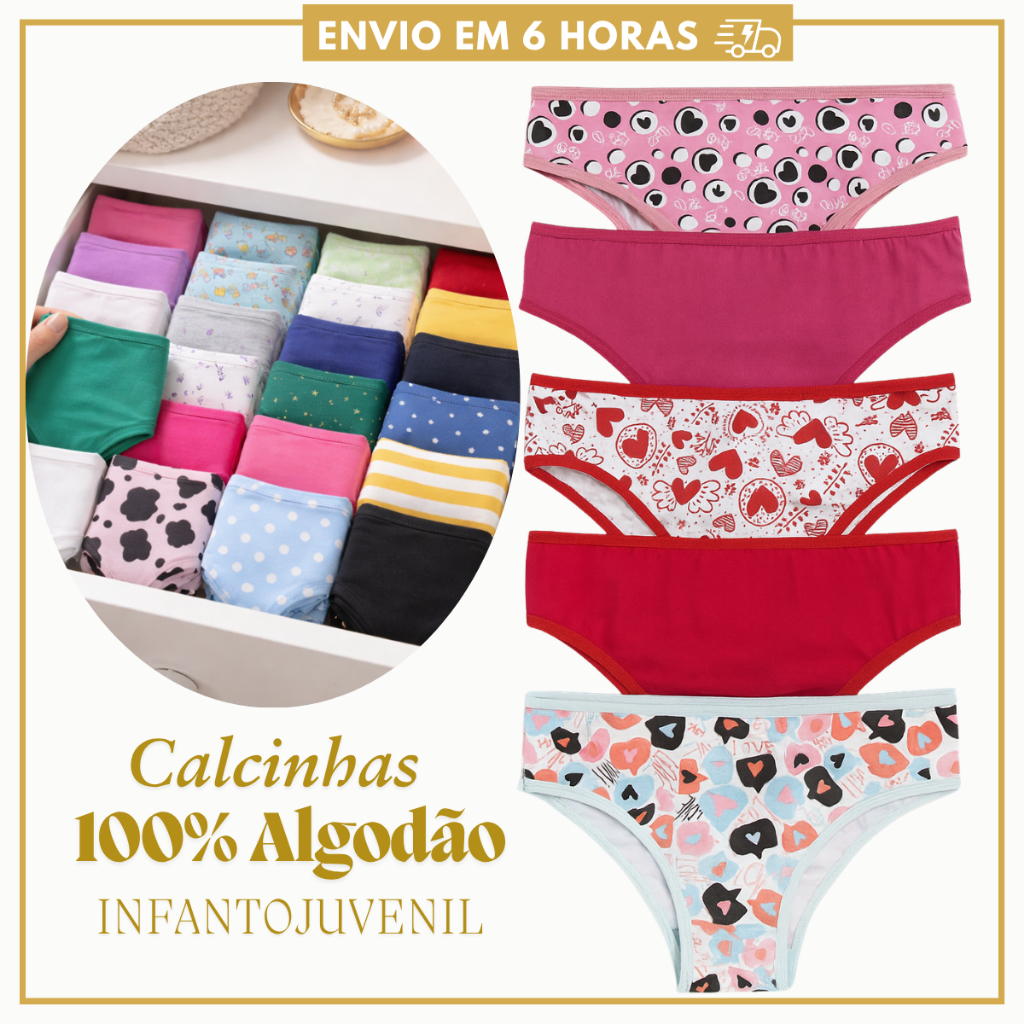 Kit Calcinhas Juvenil de Algodão com Forro Calcinha Infantojuvenil em Oferta na Shopee