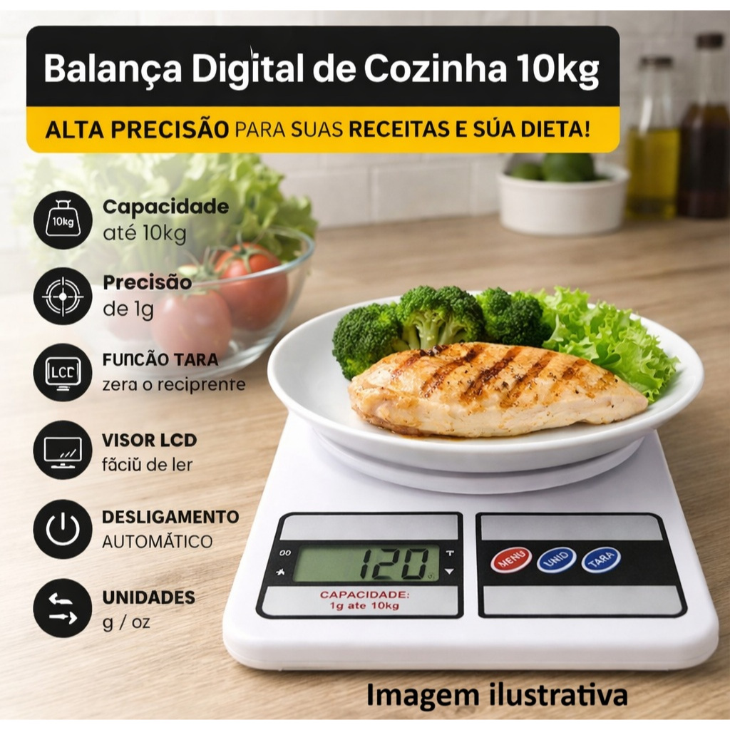 Balança Digital Cozinha 10kg Alta Precisão com Tara LCD – Ideal Dieta e Receitas