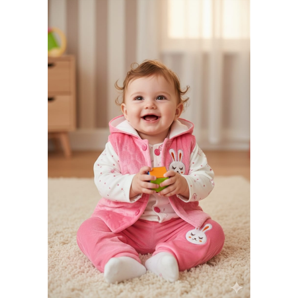 Conjunto Bebê Menina Inverno Fleece Soft 3 Peças Com Colete Capuz e Blusa Manga Longa Roupa de Frio Infantil Personagem