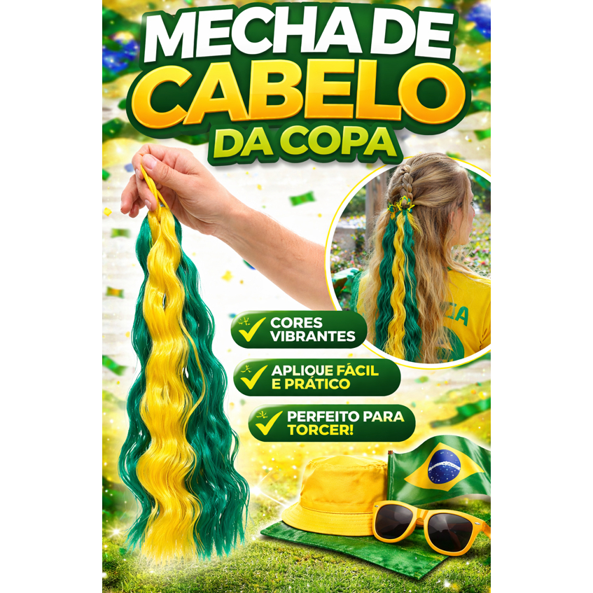 Mecha de Cabelo Colorida Verde Amarelo Copa Aplique Fácil Fantasia Torcedor