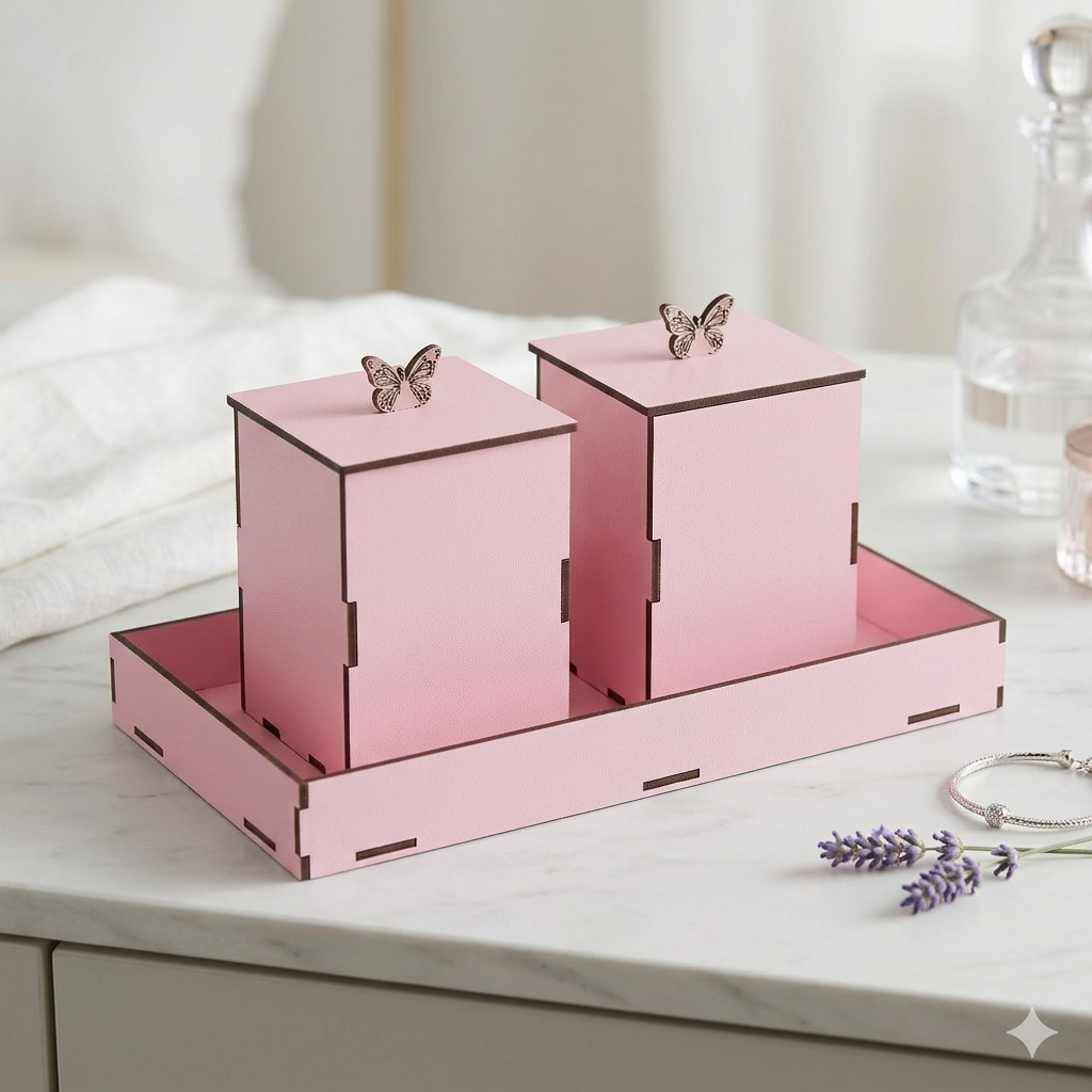 Kit Higiene Bebê MDF 3 Peças Rosa Bandeja e Potes Decorativos Quarto Bebê Organização Fraldas Porta Algodão Desmontado
