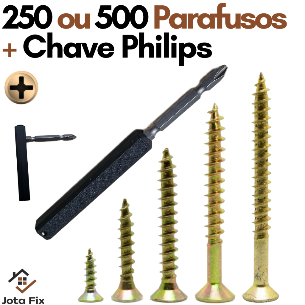 Kit Parafuso para Madeira e Chave Philips Chipboard Marcenaria MDF Artesanato Parafusos para Móveis