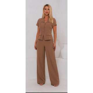 W660 Conjunto Alfaiataria Feminino Calça pantalona e Blusa Manga Curta com Botões