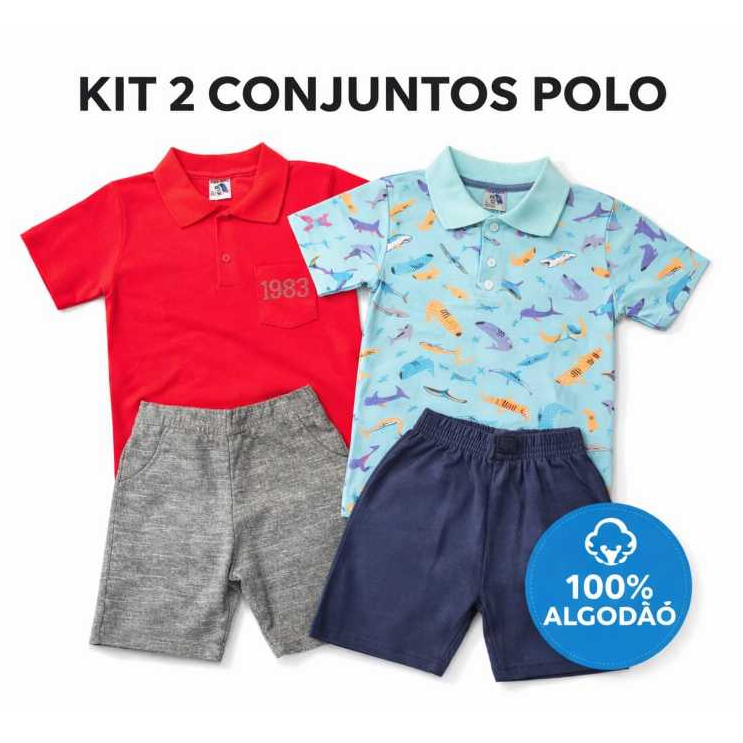 Kit 2 Conjuntos Polo Infantil 100% Algodão Camiseta + Bermuda