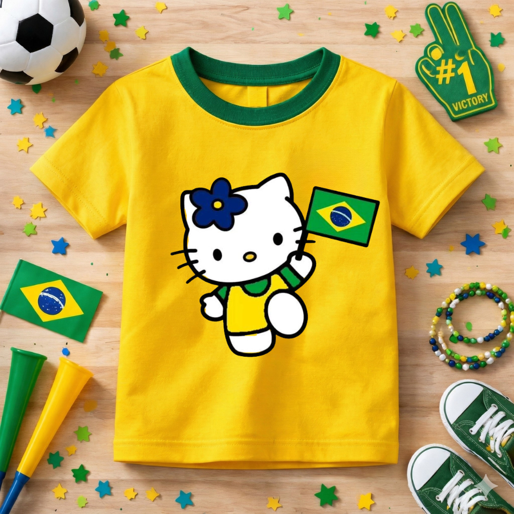 Camiseta Infantil Copa Do Mundo Menina Helo Kity Delicada Lançamento Brasil Algodão Confortável