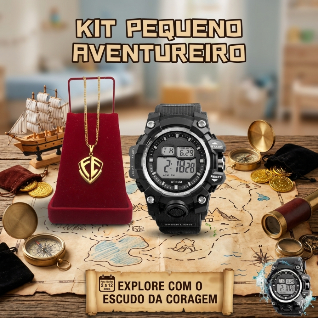 Corrente Infantil Masculina Banhada a Ouro com Pingente de Cruz Pai Nosso + Relogio Digital Premium