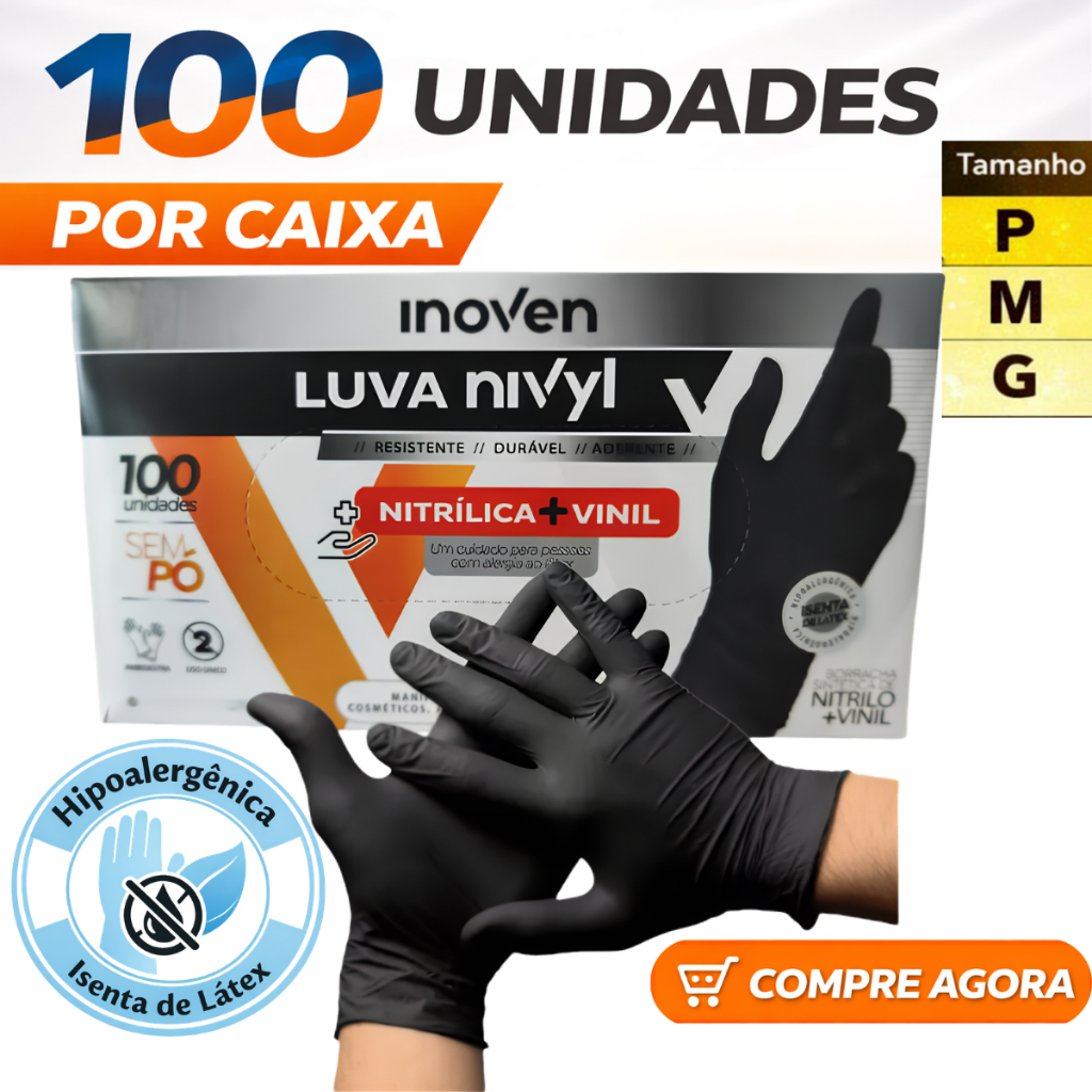 Luva Nitrílica Vinil Preta Descartável Sem Pó 100 Unidades Para Uso Profissional Nivyl