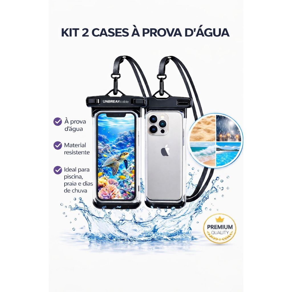 Kit 2 Capas Prova D’Água Impermeável Universal Transparente Case Bolsa Celular Protegido
