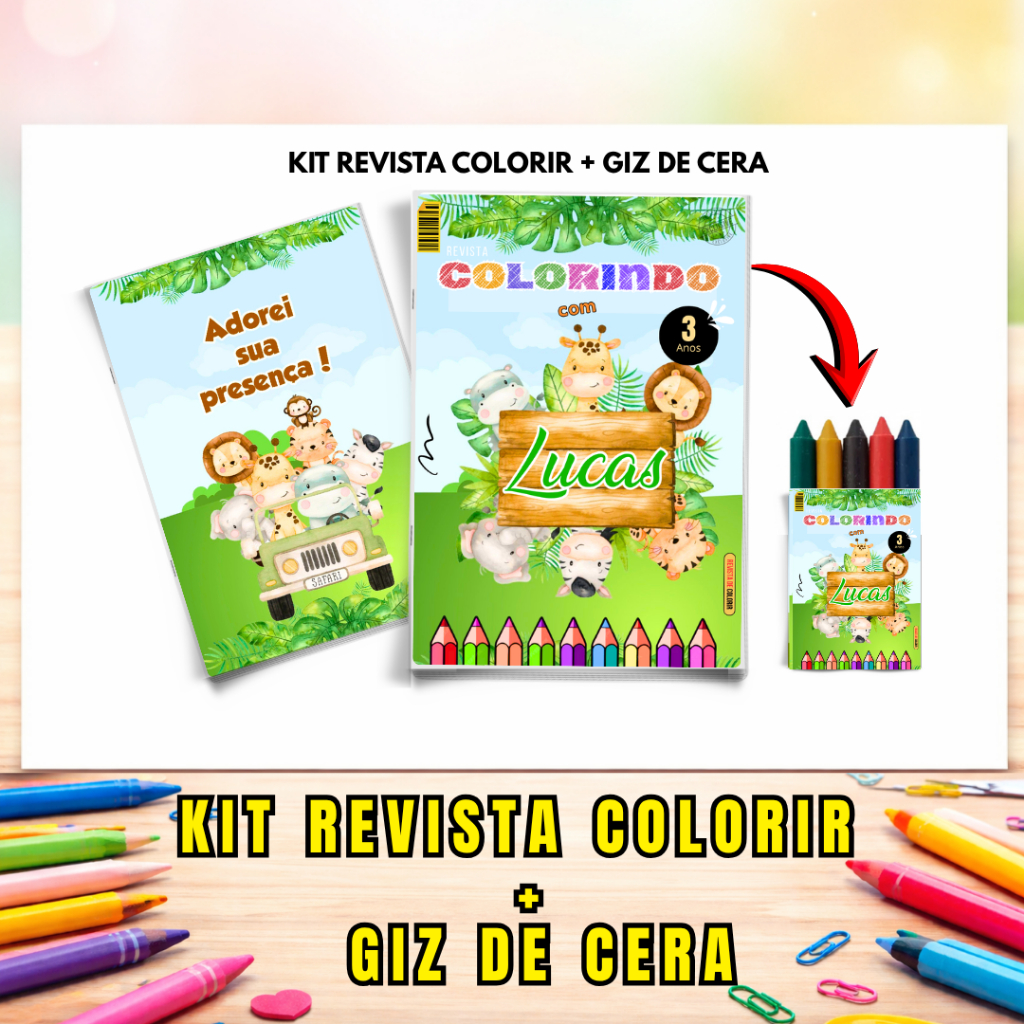 Kit Livrinhos de Colorir Infantil Personalizado + Giz de Cera  Lembrancinhas Aniversário Revistinhas Safari Varios Temas