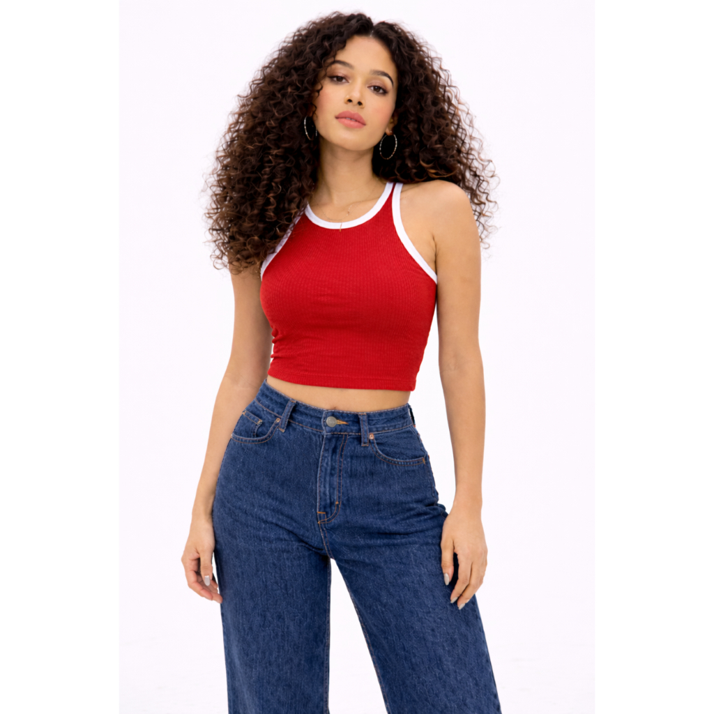Cropped Feminino Canelado Bicolor Verão Praia  Blusinha Feminina  pra Academia Blusa Curta Casual