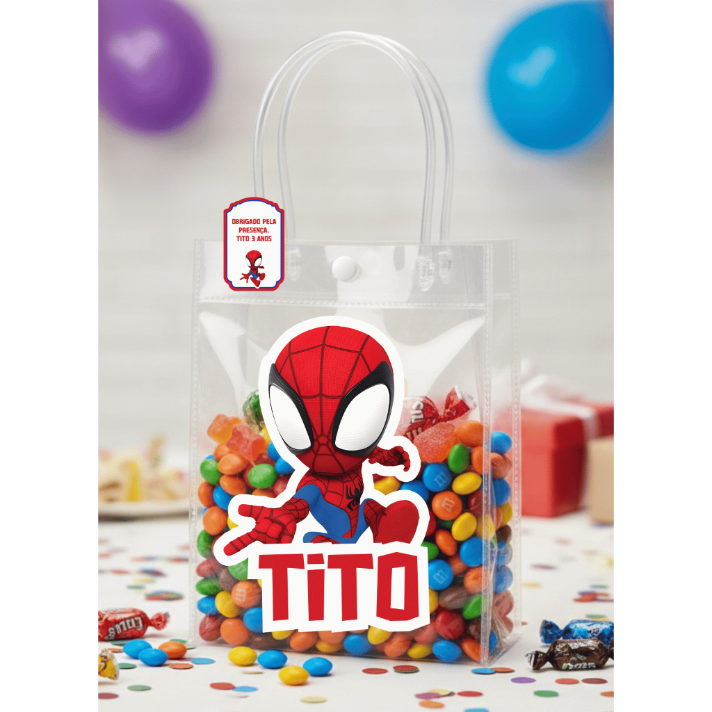 Adesivo Personalizado Para Sacolinha Homem Aranha e Outros Temas + Tag de Brinde - Lembrancinha Aniversário