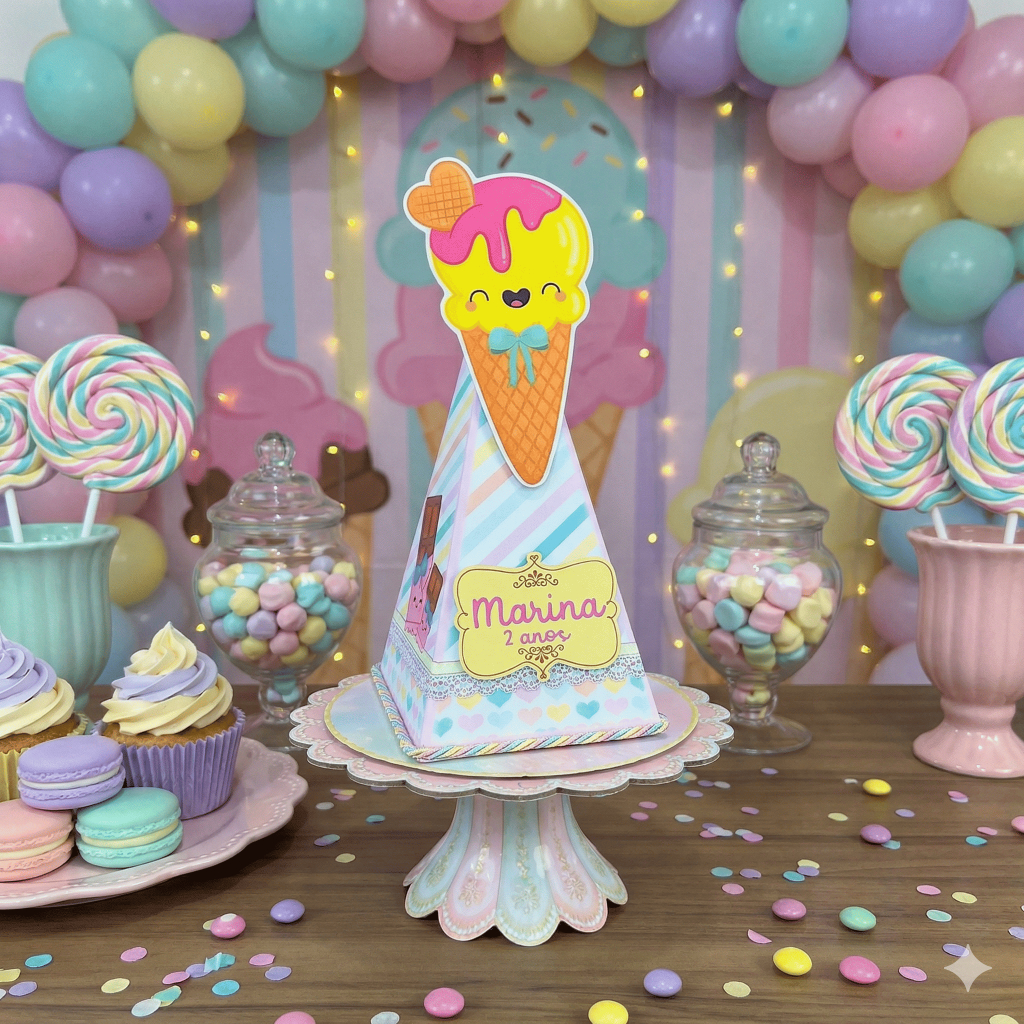 Caixinha Pirâmide Cone Doceria Confeitaria Personalizada Festa Candy Shop Infantil Lembrancinha 3D