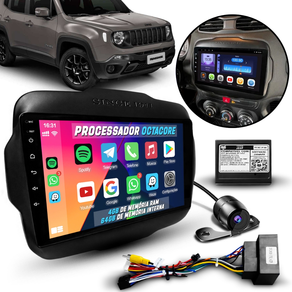 Som Pra Carro Multimidia Android Octacore 4/64 Jeep Renegade + Chicote Plug In Play Canbus + Moldura