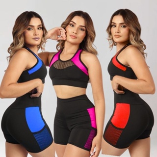 Conjunto Moda Fitness Feminino Short com Top Cós Alto compreensão Academia Caminhada em Oferta na Shopee