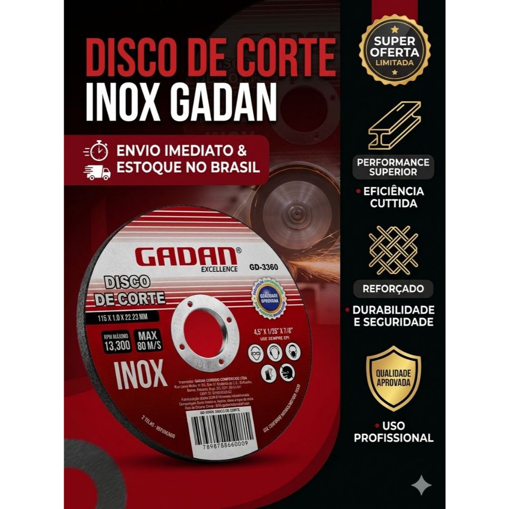 Disco de Corte Inox 115mm Reforçado Alta Performance Esmerilhadeira Corte Preciso Metal Aço Alvenaria Concreto