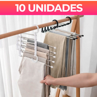Kit 10 Cabide Multifuncional para Calças de Inox com 5 Divisórias Branco/Preto