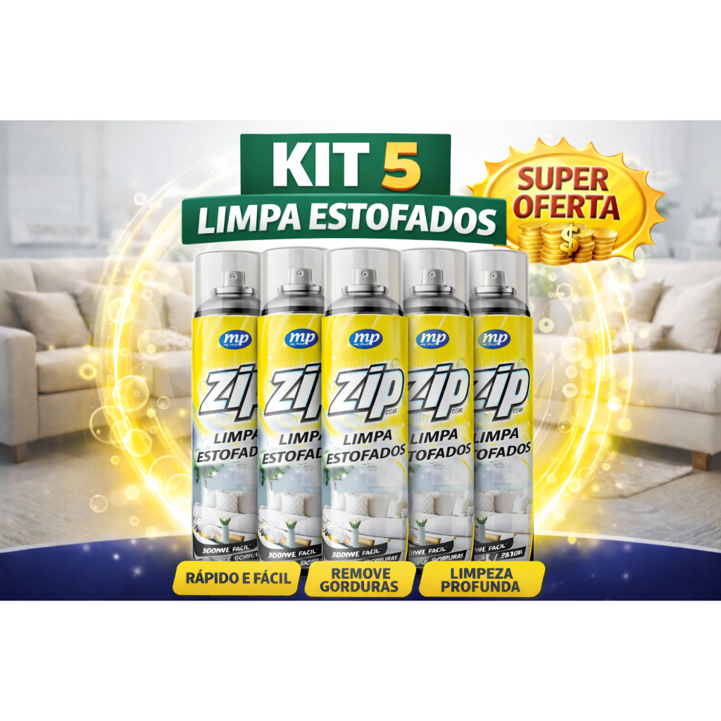 Kit 5 Limpa Estofados Zip 300ml – Sofá, Carro, Colchão, Carpete, Tapete, Teto de Carro, Banco